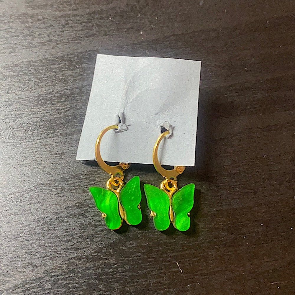 Green butterfly gold earrings